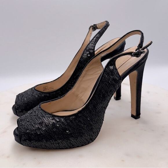 BCBGMAXAZRIA Bodhi Black Sequin Peep Toe Heels 7.5 Pumps Holiday Party Shoe NYE - Picture 3 of 11